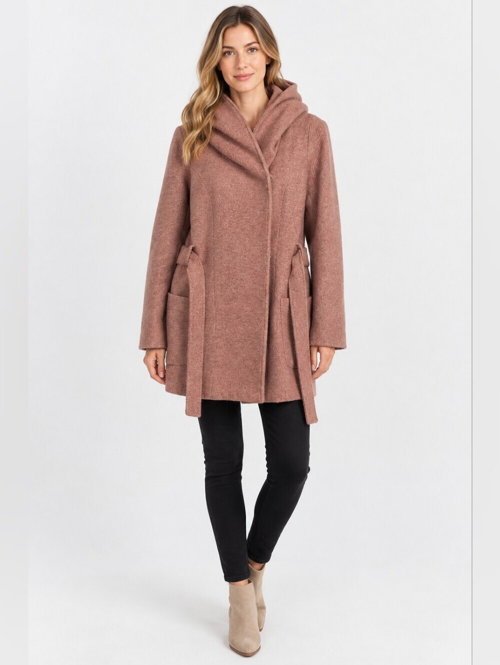 TWIK Size XS Blush Pink Hooded Coat Belted Wool Blend Draped Collar